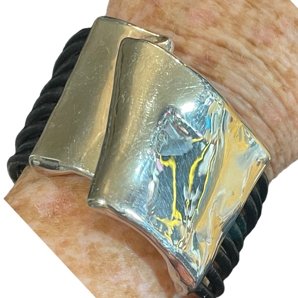 Sterling silver modernist 925 Israel bracelet multi strand leather strap - Picture 8 of 11